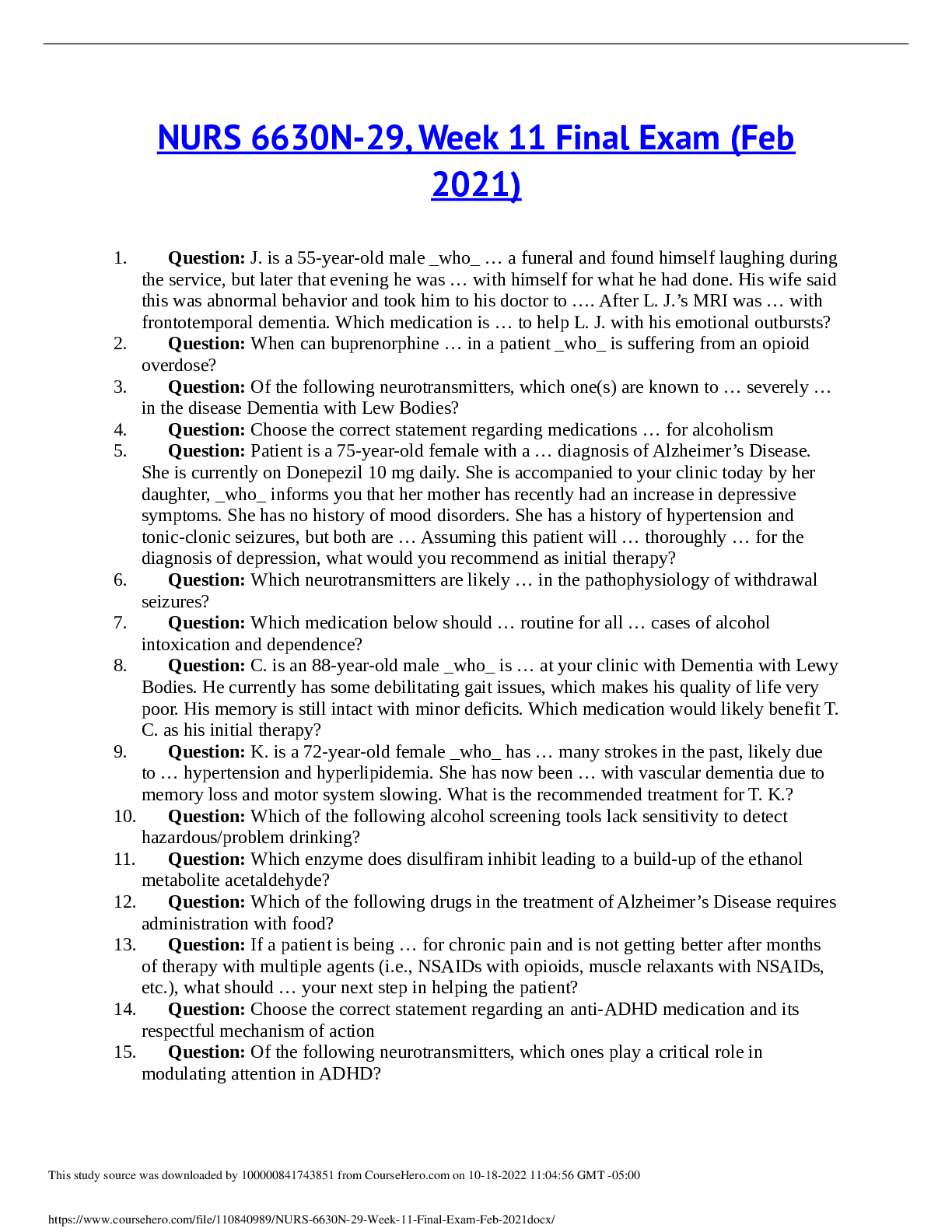 Preview image for NURS 6630N-5, Week 11 Final Exam; Summer 2021